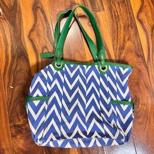 Cole Haan womens canvas & leather tote blue & white chevron w/green trim